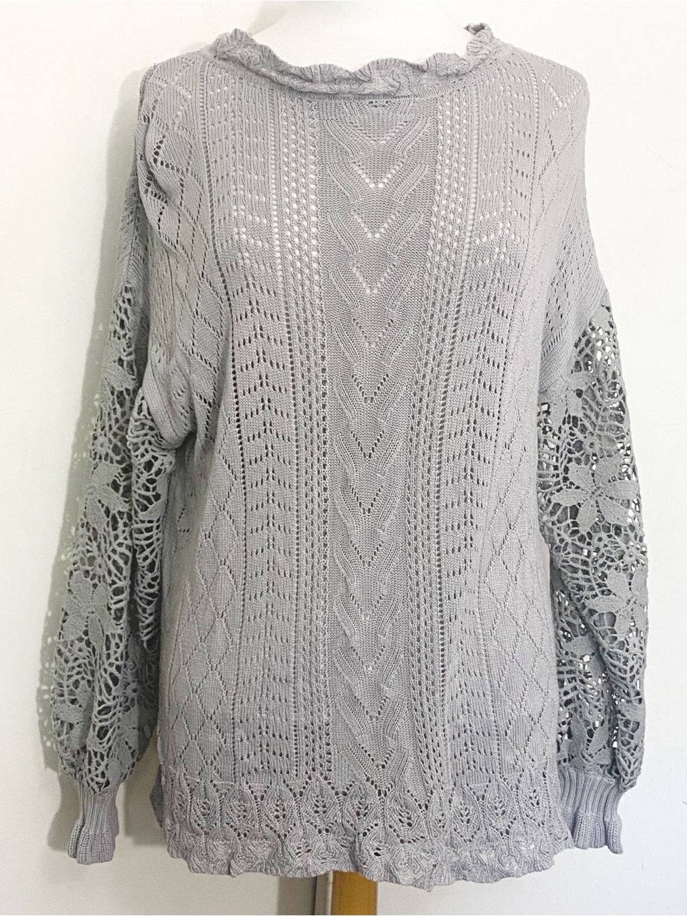 Meetrendi Women's Slouchy Light Gray Crochet Long Sleeve Viscose Knit Sweater L
